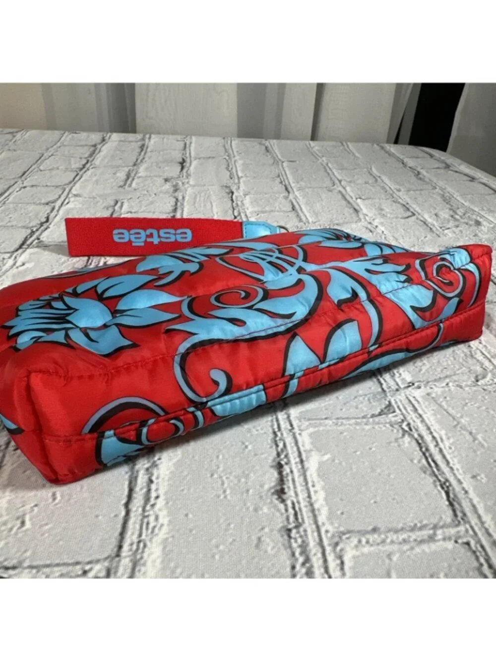 Estee Lauder Makeup Cosmetic Bag Clutch Red Blue Floral Puffer Recycled Fabric
